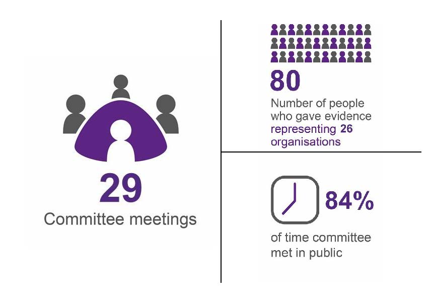 An infographic showing the number of Committee meetings, the number of witnesses and the percentage of time the Committee met in public.